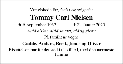 Dødsannoncen for Tommy Carl Nielsen - Albertslund