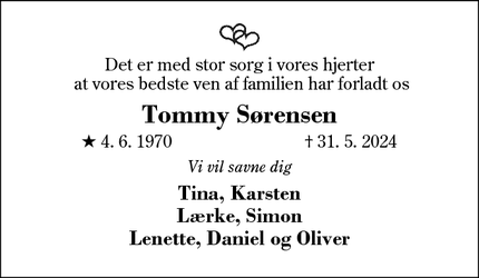Dødsannoncen for Tommy Sørensen - Arnborg
