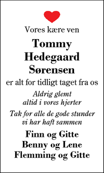 Dødsannoncen for Tommy
Hedegaard
Sørensen - Armborg
