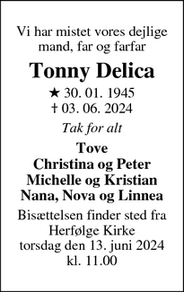 Dødsannoncen for Tonny Delica - Køge