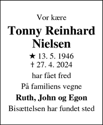Dødsannoncen for Tonny Reinhard
Nielsen - Ølstykke
