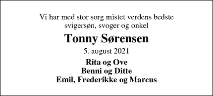 Dødsannoncen for Tonny Sørensen - Sørup