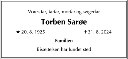 Dødsannoncen for Torben Sarøe - Herlev