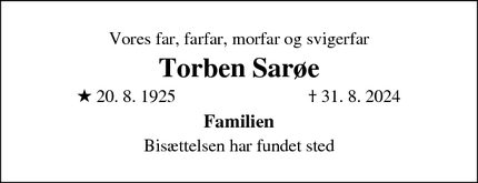 Dødsannoncen for Torben Sarøe - Herlev