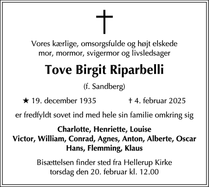 Dødsannoncen for Tove Birgit Riparbelli - Hellerup