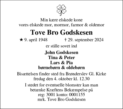 Dødsannoncen for Tove Bro Godskesen - Brønderslev