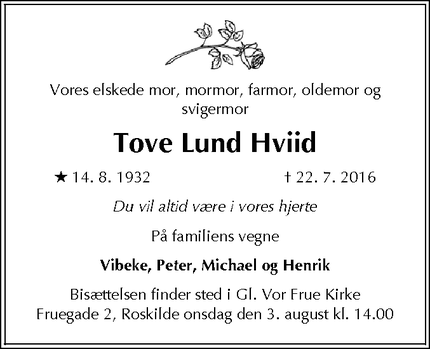 Dødsannoncen for Tove Lund Hviid - Roskilde