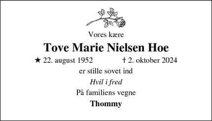 Dødsannoncen for Tove Marie Nielsen Hoe - Hørsholm