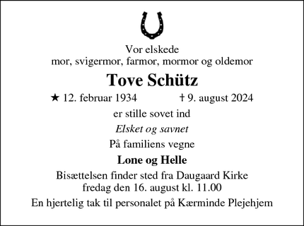 Dødsannoncen for Tove Schütz - Birkerød