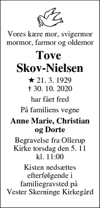 Dødsannoncen for Tove 
Skov-Nielsen - Albertslund