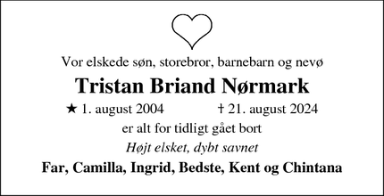 Dødsannoncen for Tristan Briand Nørmark - Viborg