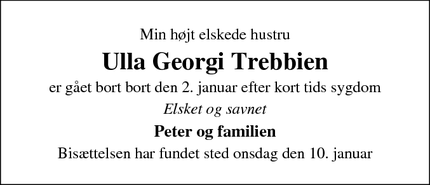 Dødsannoncen for Ulla Georgi Trebbien - Dragør