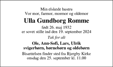 Dødsannoncen for Ulla Gundborg Romme - Bjergby/Hjørring