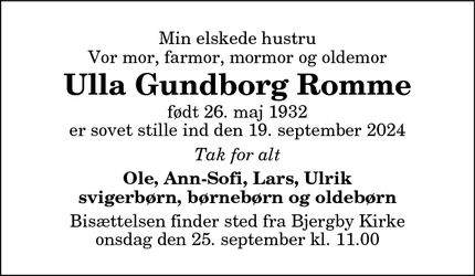 Dødsannoncen for Ulla Gundborg Romme - Bjergby/Hjørring