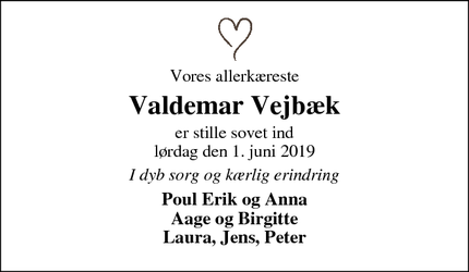 Dødsannoncen for Valdemar Vejbæk - Holstebro