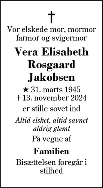 Dødsannoncen for Vera Elisabeth
Rosgaard
Jakobsen - Herning