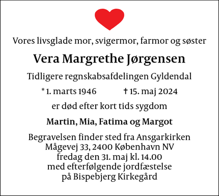 Dødsannoncen for Vera Margrethe Jørgensen - København