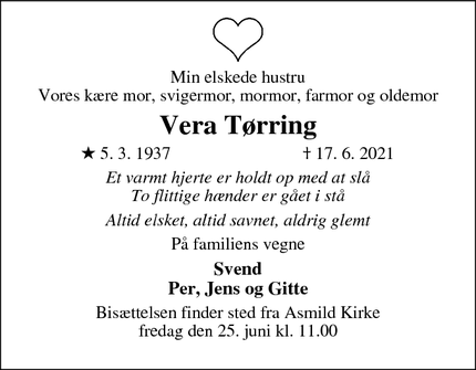 Dødsannoncen for Vera Tørring - Viborg