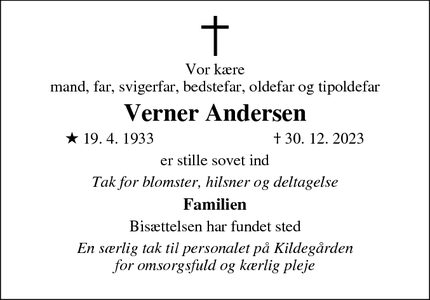 Dødsannoncen for Verner Andersen - skanderborg