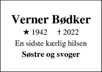 Dødsannoncen for Verner Bødker - Hjerm