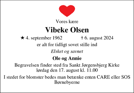 Dødsannoncen for Vibeke Olsen - Næstved