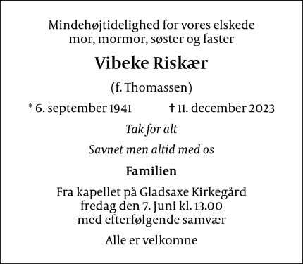 Dødsannoncen for Vibeke Riskær  - Hellerup