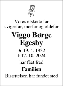 Dødsannoncen for Viggo Børge
Egesby - Helsingør