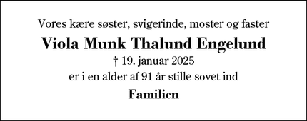 Dødsannoncen for Viola Munk Thalund Engelund - Ikast