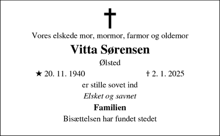 Dødsannoncen for Vitta Sørensen - Ølsted