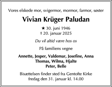 Dødsannoncen for Vivian Krüger Paludan - Gentofte