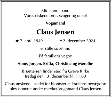 Dødsannoncen for Claus Jensen - Greve