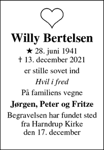 Dødsannoncen for Willy Bertelsen - Aarup