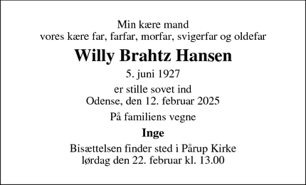 Dødsannoncen for Willy Brahtz Hansen - Kerteminde