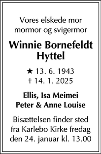 Dødsannoncen for Winnie Bornefeldt
Hyttel - København K