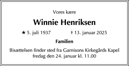 Dødsannoncen for Winnie Henriksen - København