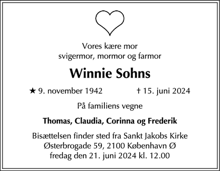 Dødsannoncen for Winnie Sohns - København Ø