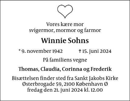 Dødsannoncen for Winnie Sohns - København Ø